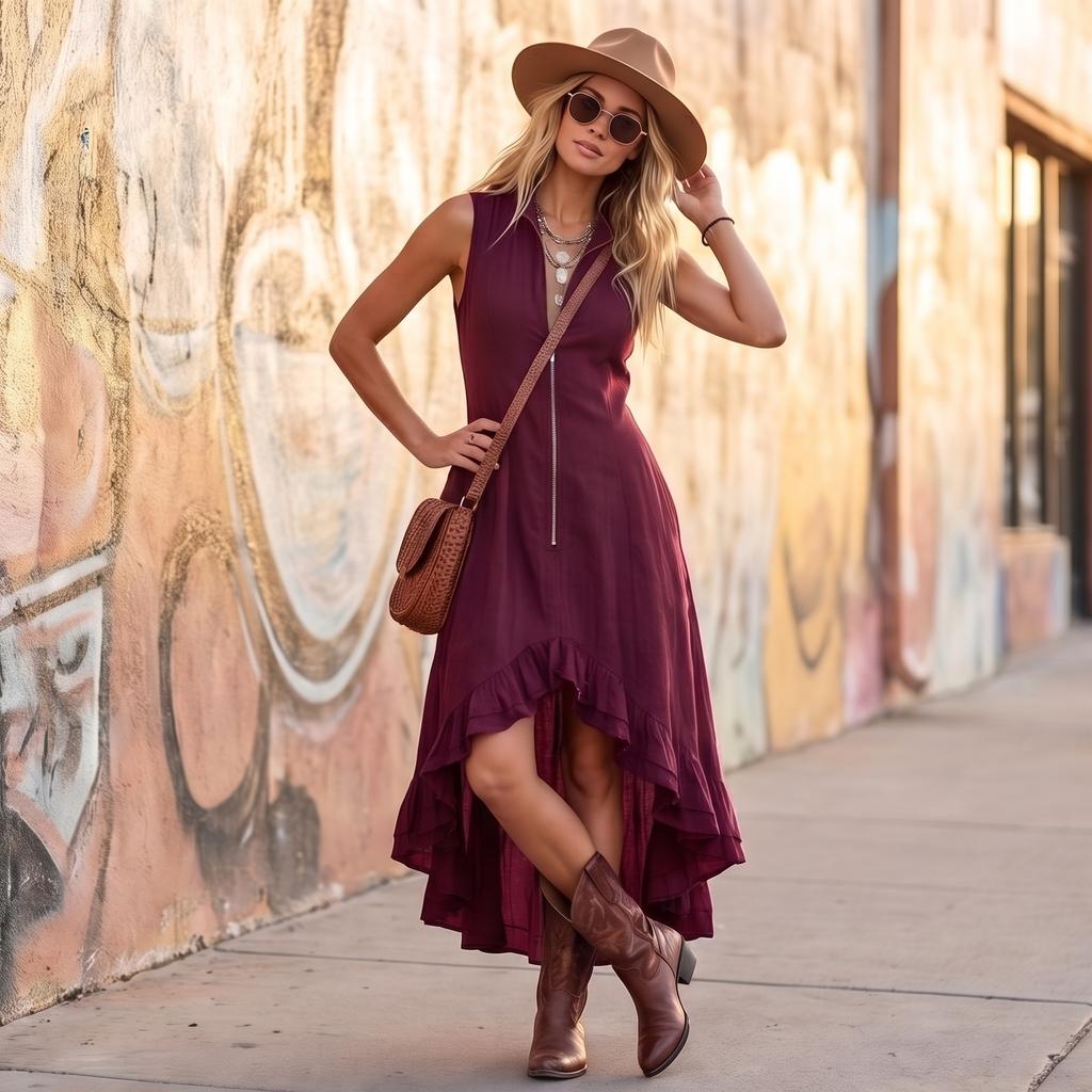 Women's Fashionable Color Sleeveless Retro Casual Lapel Zipper Ruffle Hem Dress