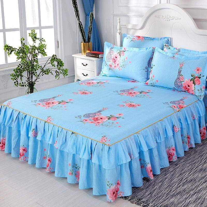 3PC Printed Bed Skirt Set 1Bed Skirt+2Pillowcases Floral Lace Bed Skirt Breathable Soft Bed Cover Bedding Set 360 ° Anti Slip Mattress Protector Cover