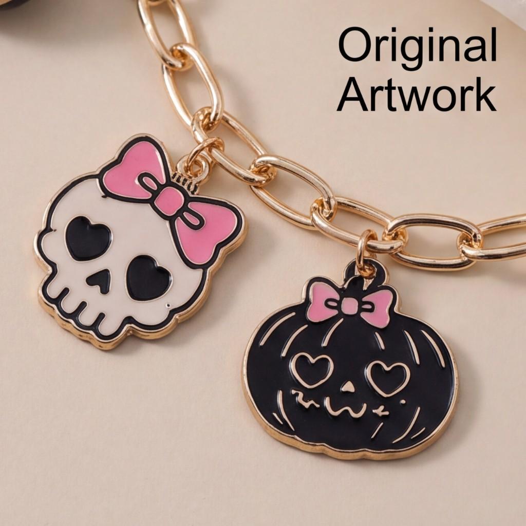 Halloween-themed bracelet featuring cute acrylic charms and playful ghost and pumpkin decorations.