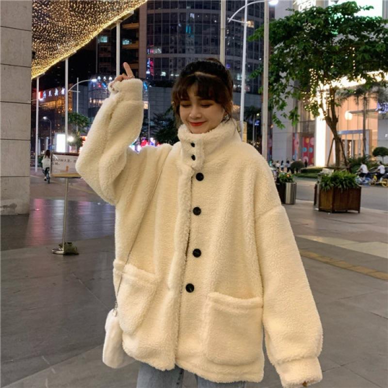 Jacket women's fleece thickened autumn and winter new versatile Korean version loose lazy wind stand-up cardigan