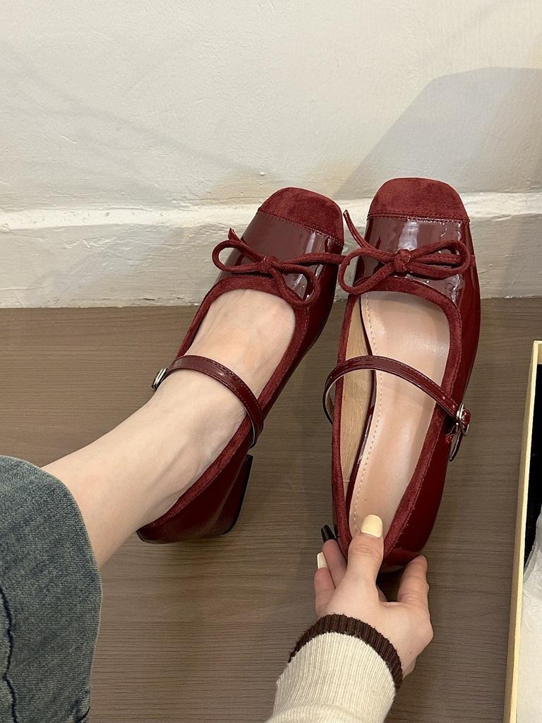 Gentle School Girl! Temperament Splicing Bow Mary Jane Shoes Women's Autumn Versatile Thick Heel Single Shoes