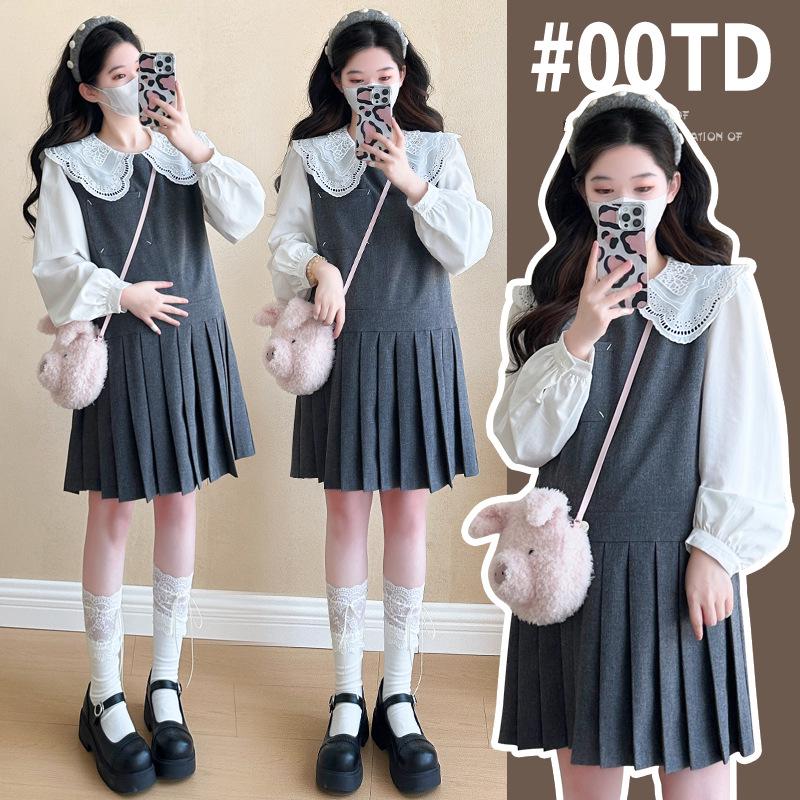 2026 Spring Maternity Two-Piece: Doll Collar Shirt + Pleated Vest Dress M
