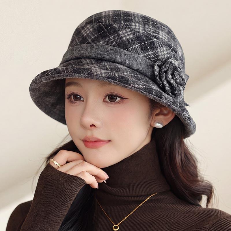 Autumn and winter plaid flower pot hat women's retro woolen top hat middle-aged old mother old woman versatile warm bucket hat