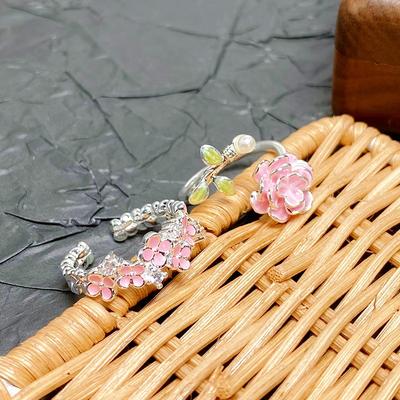 [Flower Rhyme Moe Set] Mori Pink Sweet Enamel Flower Opening Ring White Advanced Sense Stacked Ring Woman