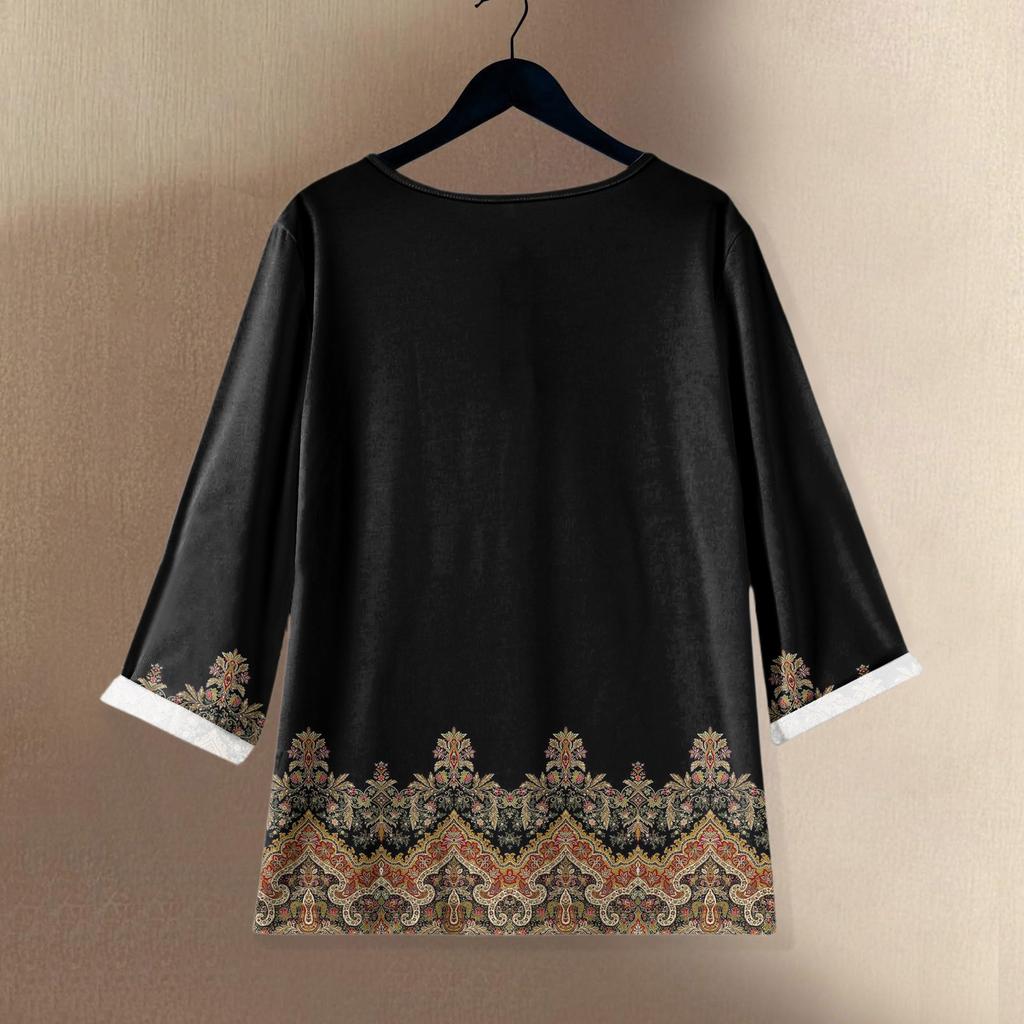 Women's Casual Three-quarter Sleeve Round Neck Gradient Color Printed Cotton And Linen Top