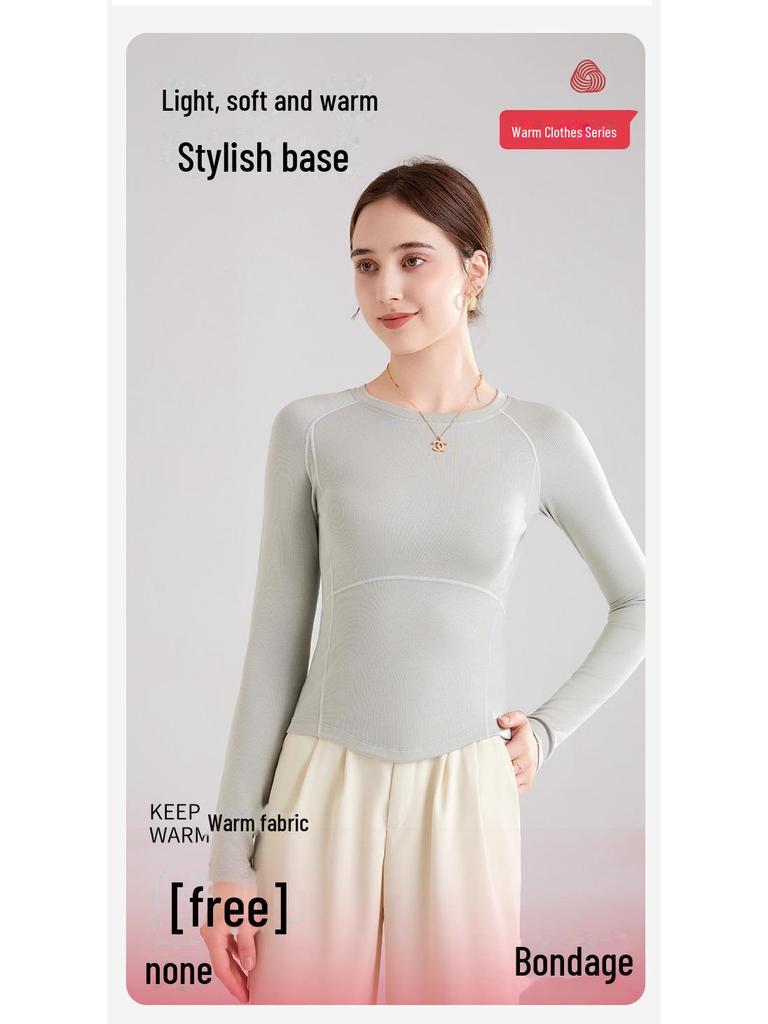 Women's Autumn/Winter Slim Fit Long Sleeve Wool Plus Velvet Top with Round Neck