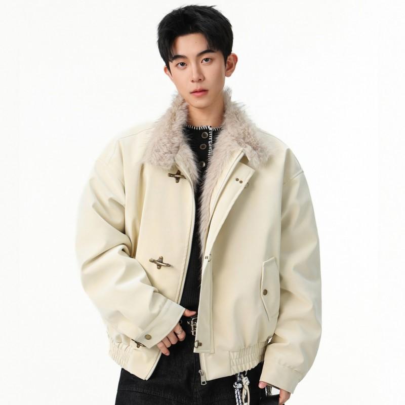 Mens Winter Fleece Lined PU Cotton Jacket Stand Collar Warm Casual Coat