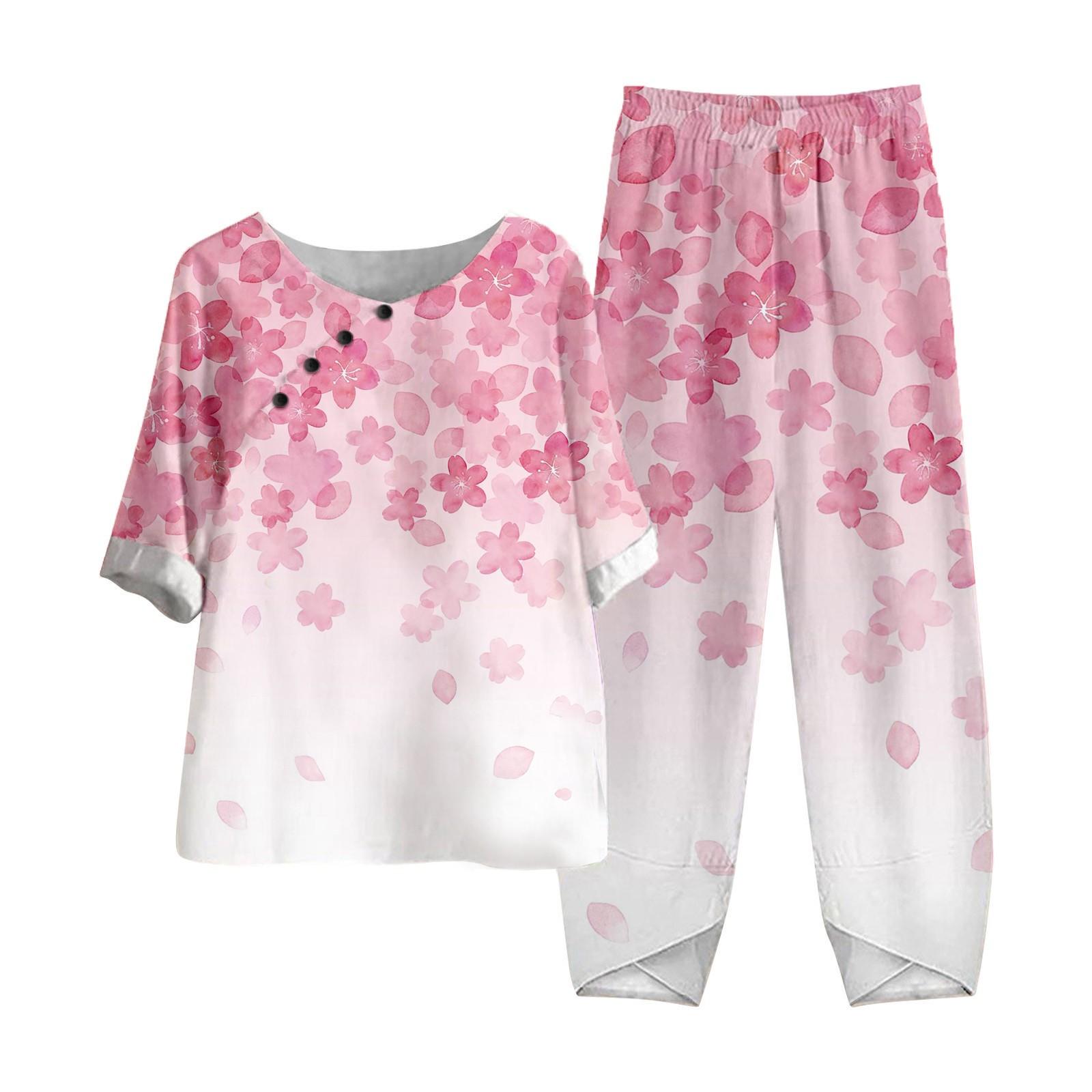 

Женские летние топы с короткими рукавами и принтом, эластичная талия, брюки из девяти предметов, комплект из двух предметов S розовый