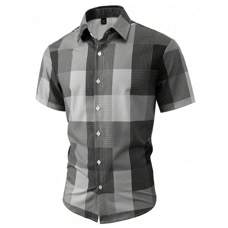 Men Clothes Summer Short Sleeve Fashion Lattice Shirt Men Loose Casual Shirt