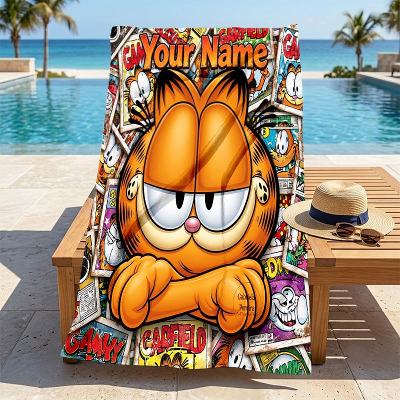 Custom Name Garfield Stylish Digital Printing Beach Towel Quick‑Drying Absorbent Blanket for Beach Pool Gym Travel