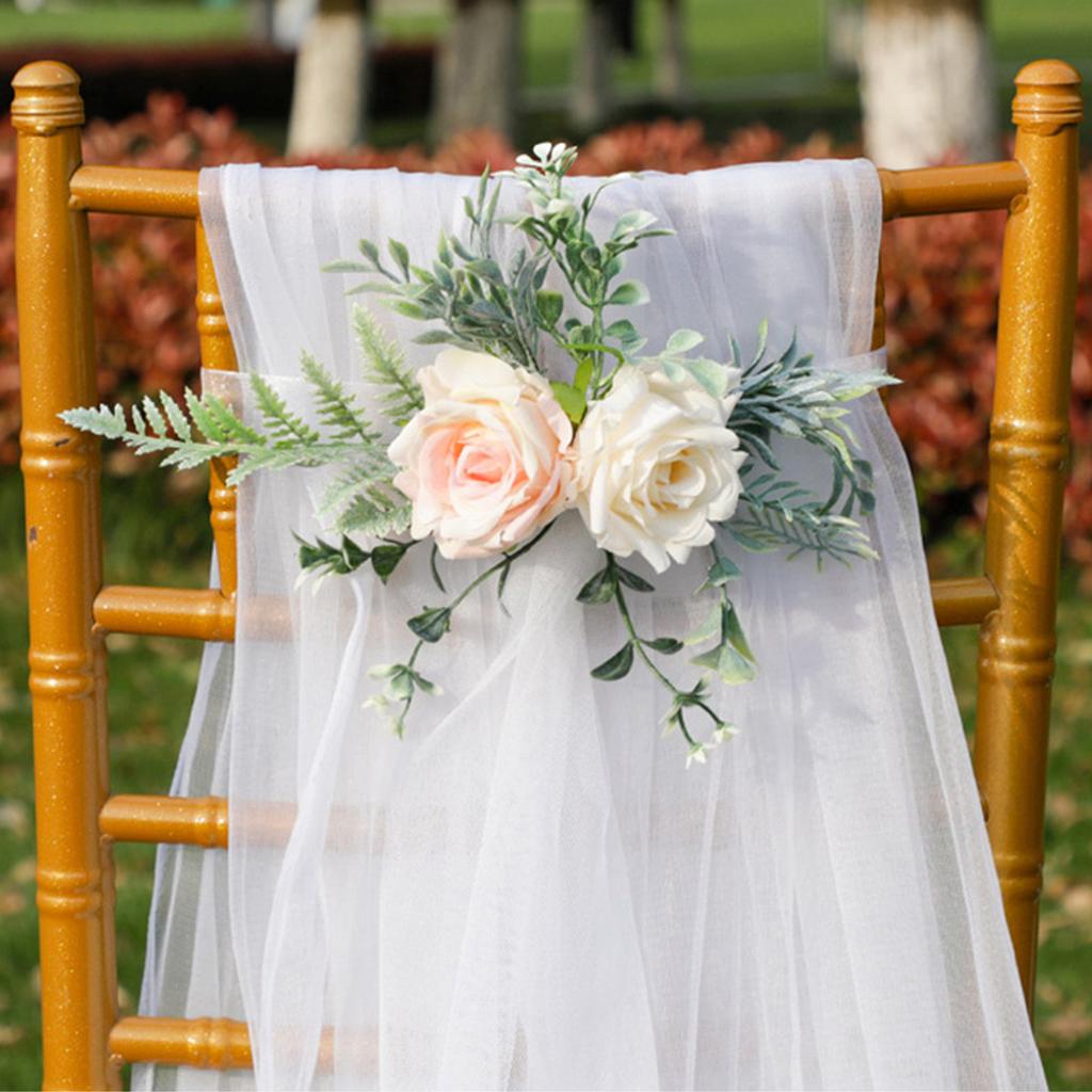 Wedding Chair Decoration Plastic Lifelike Rose Flower Chair Back Aisle Decoration 60cm Ribbon Purple