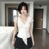 White V-neck lace splicing short-sleeved t-shirt for women's summer pure desire to slim and thin, unique, beautiful and beautiful, and trendy tops