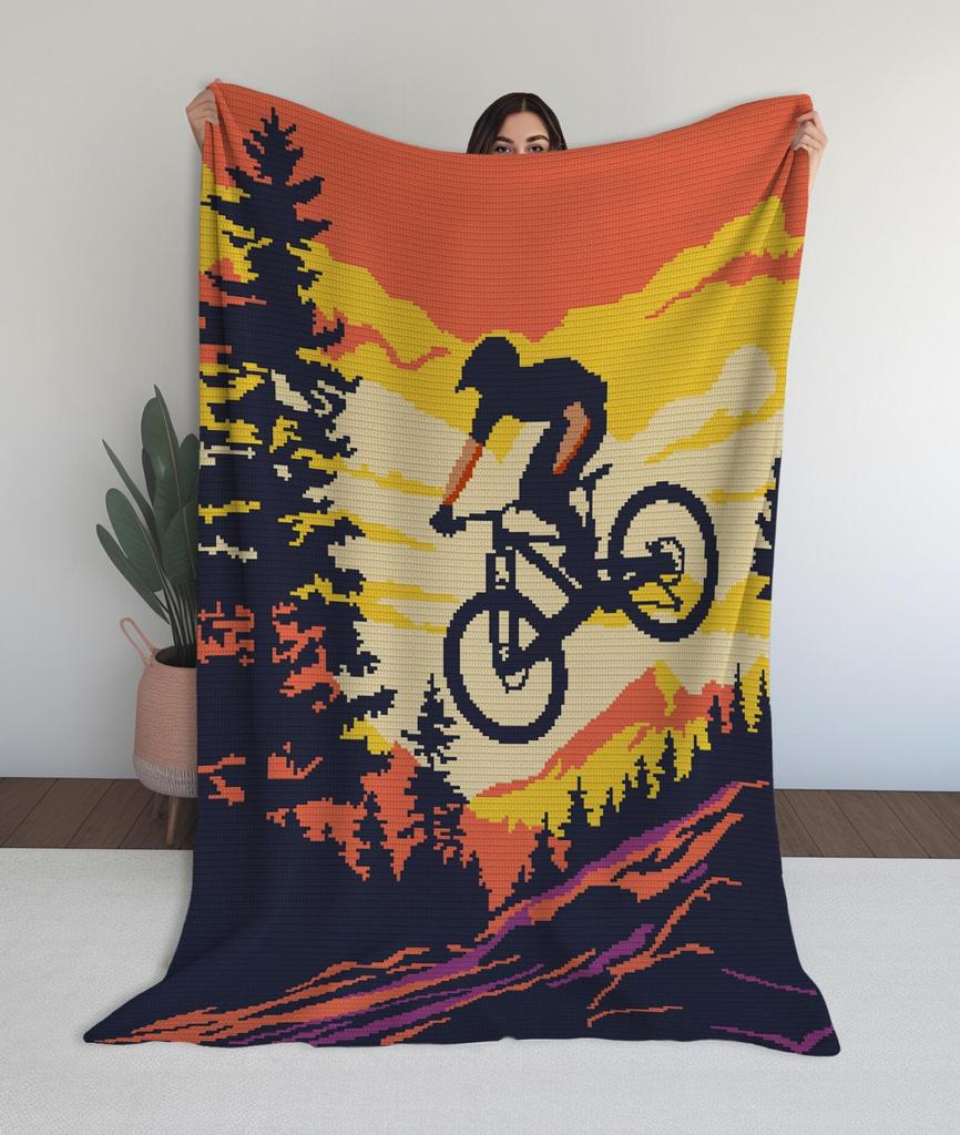 Mountain Bike Sunset Blanket Pattern | Single Crochet Tapestry Intarsia | SC Graphghan Afghan | MTB Rider Crochet PDF