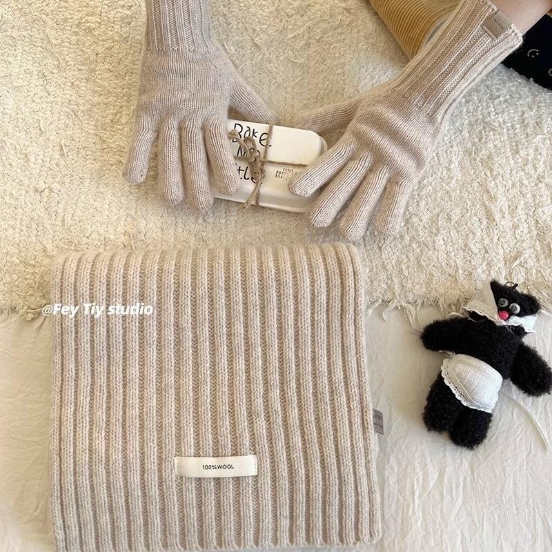 Wool 100ool pure wool scarf gloves two-piece set knitted autumn and winter warm solid color scarf couple