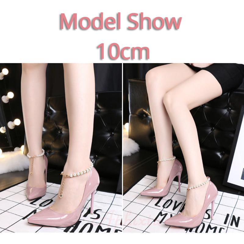 Fashion Aphixta Pearl Chain Luxury 10cm Thin Heels Pointed Toe Pumps Women Official Patent Leather Shoes Wedding Plus Big Size 49 50