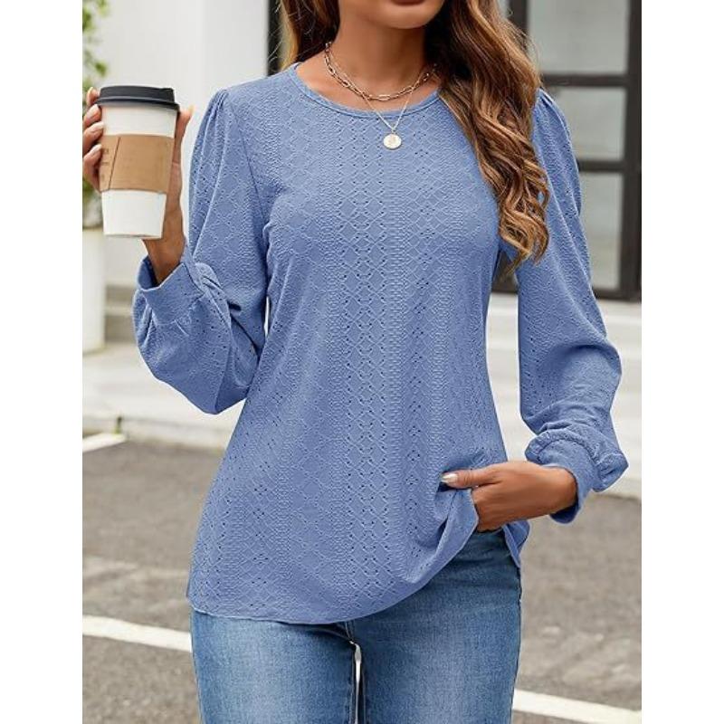 QICED Women's Fashion Casual Solid Color Print Long Sleeve O-Neck Blouses & Shirts