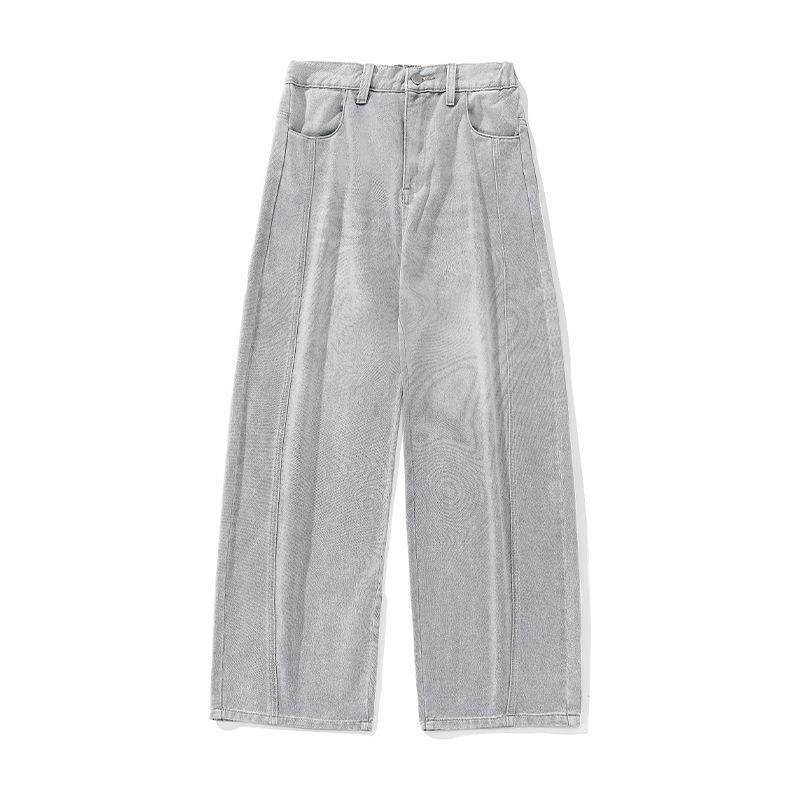Men Loose Fit Washed Denim Jeans American Vintage Side Split Tapered Long Pants