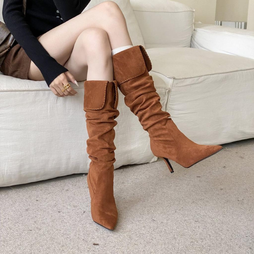 2025 autumn and winter new pointed European and American suede thin heel high heel temperament French fashion sexy women's boots stacking boots