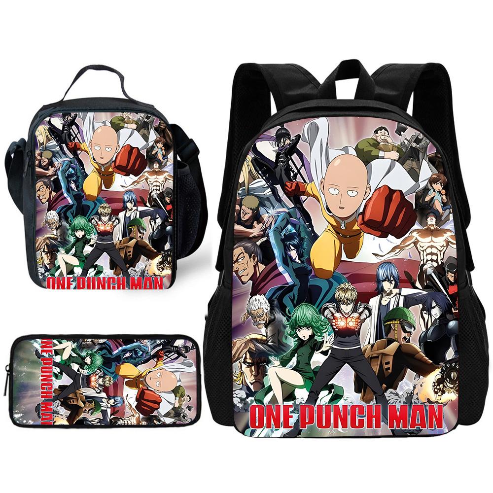 Kinder Anime One Punchs Man Schulrucksack mit Brotdosen ,Federmäppchen ,Schultaschen für Jungen Mädchen Bestes Geschenk