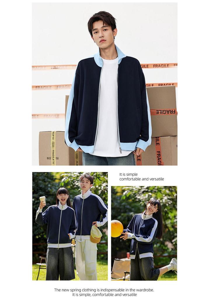 Autumn/Winter Stand Collar Color Block Jacket: Women's Casual Heavyweight 380g Loose Zipper Cardigan Hoodie, Unisex.