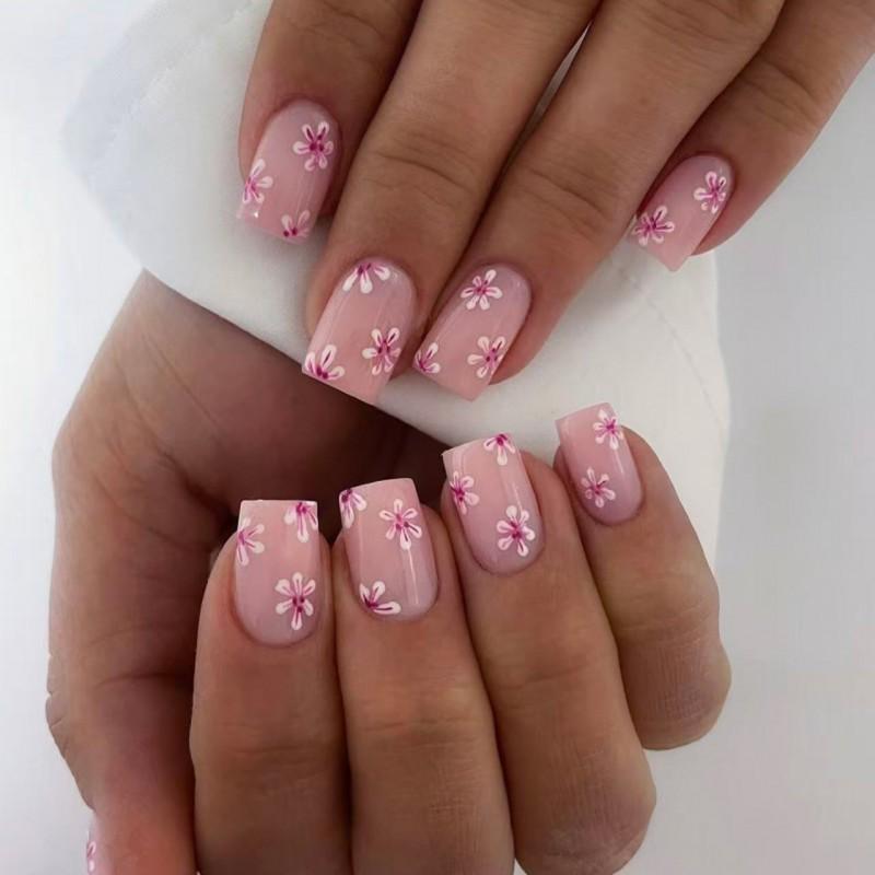 Spring/Summer New Fresh Flower Cross Border Ins Style Wearing Armor Simple Short Square Nail Art