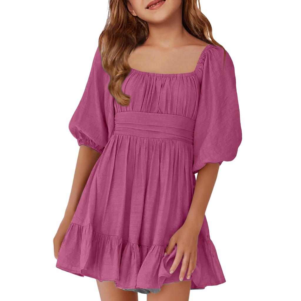 Children's Casual Bubble-Sleeve Backless Waist-Tied Bow-Pleated Dress
