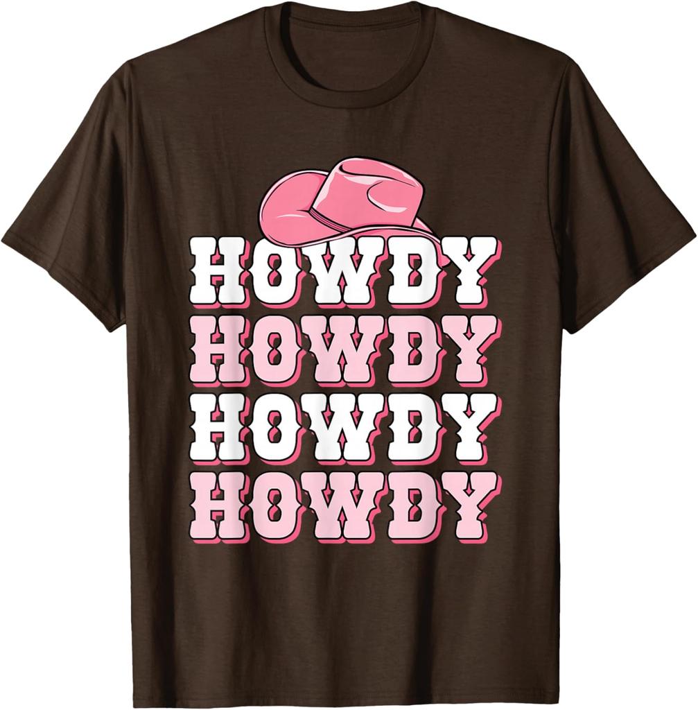 Howdy Pink Cowboy Hat Western Graphic Tee Soft Breathable Casual T-Shirt for Women