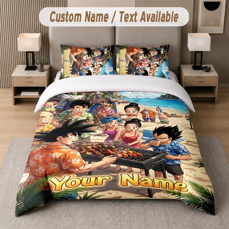 Dragon Ball 3Pcs Bedding Set, Personalized Custom Name Text, 1 Duvet Cover & 2 Pillowcases For Bedroom