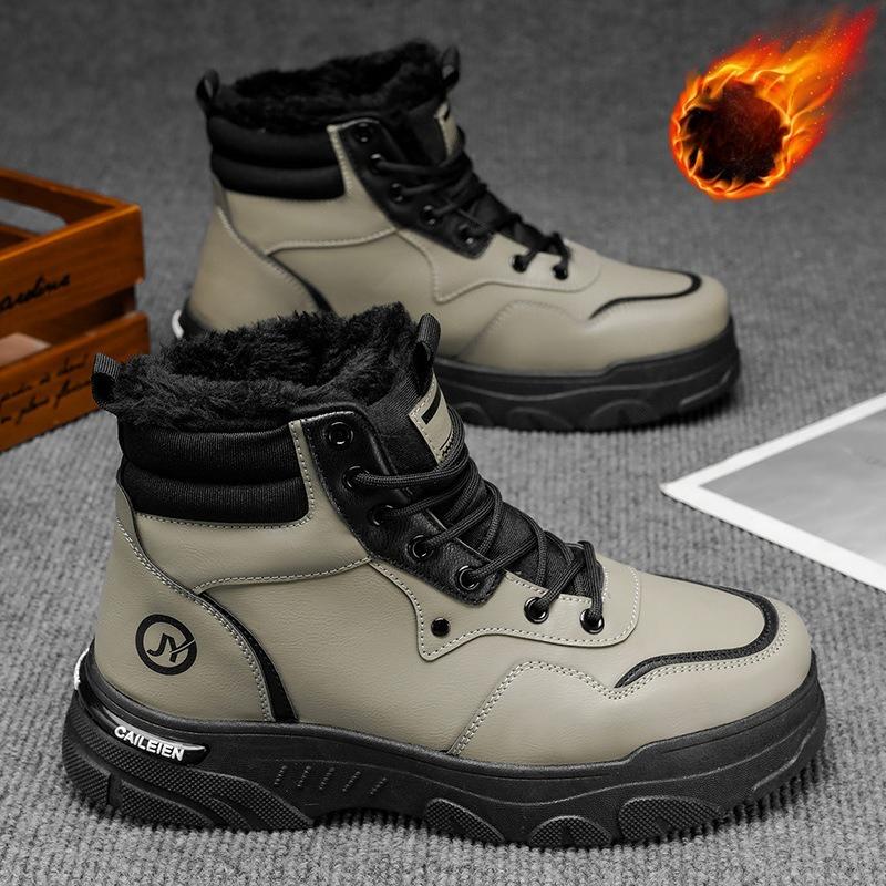 Winter Men's Wide Head Leather Boots, Outdoor Sports Warm Ankle Boots, Retro Thick Soled Men's Casual Hiking Shoes Cowboy Boots