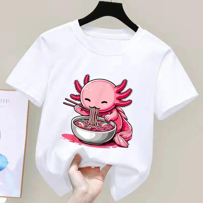 Anime Kawaii Axolotl Eating Ramen Noodles Kids Teen Girl Boy TShirt Cute Artwork Axolotl Lover Graphic Top Japanese Cartoon Tee