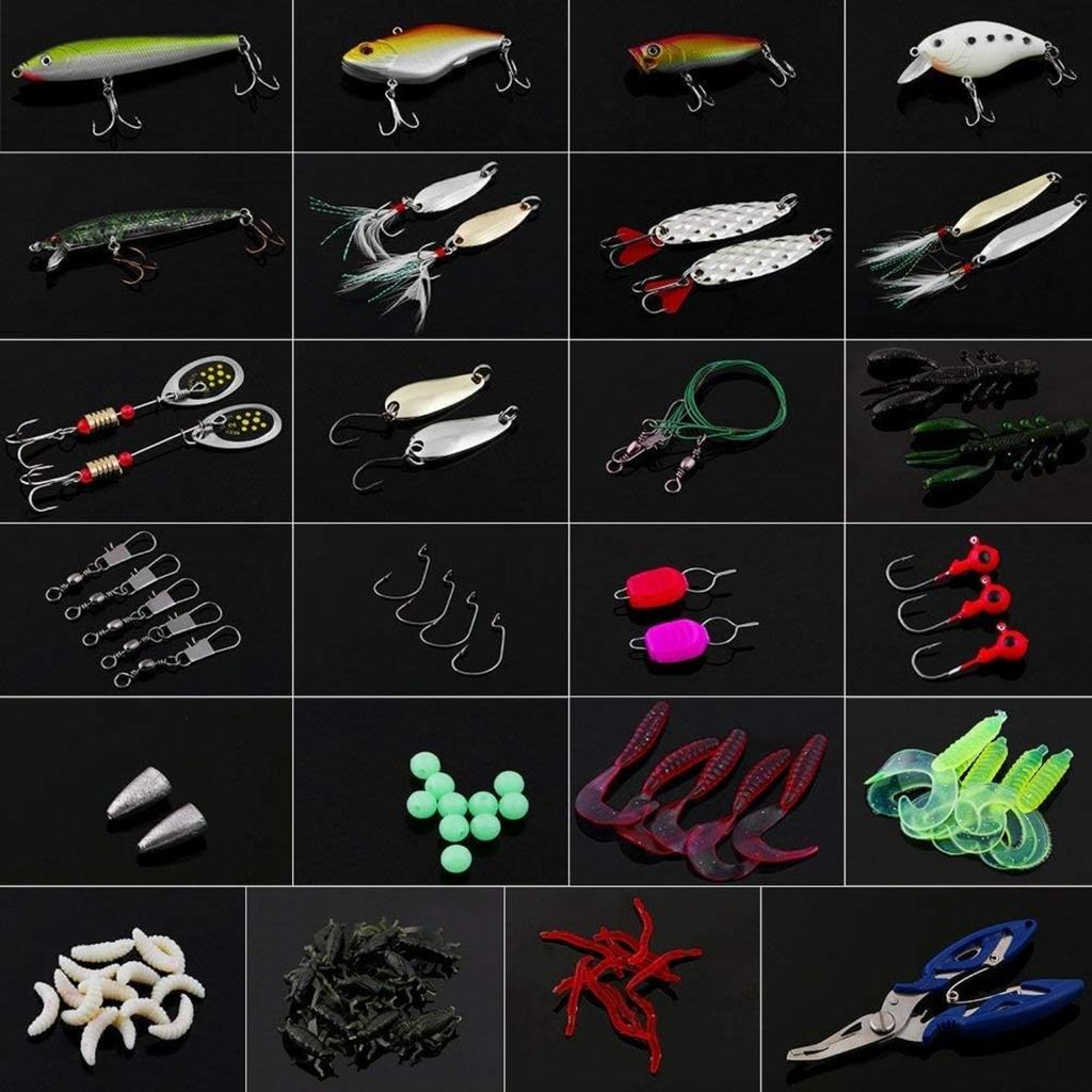 120pcs Fishing Lures Mixed Including Spinner VIB Triple Hooks, Single Hooks, Swivel, Pliers and Fishing Box.