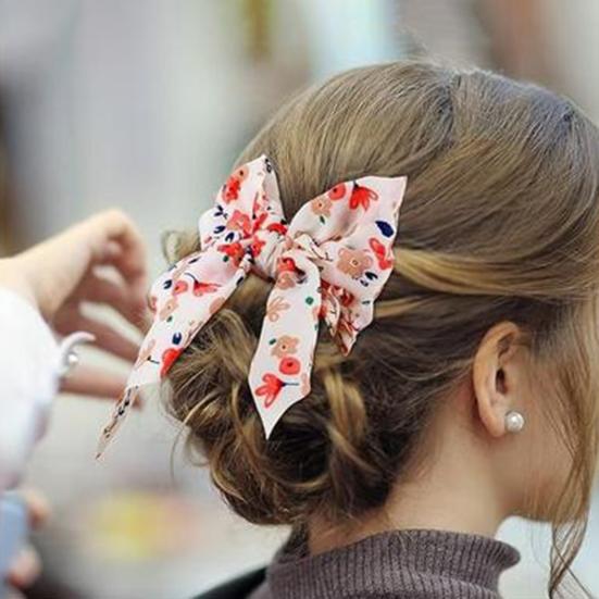 Women Hair Band Floral Printing High Elasticity Long Ribbon Hair Tie Ponytail Bun Half-Tied Hairstyles Chiffon Fabric Hair Accessory