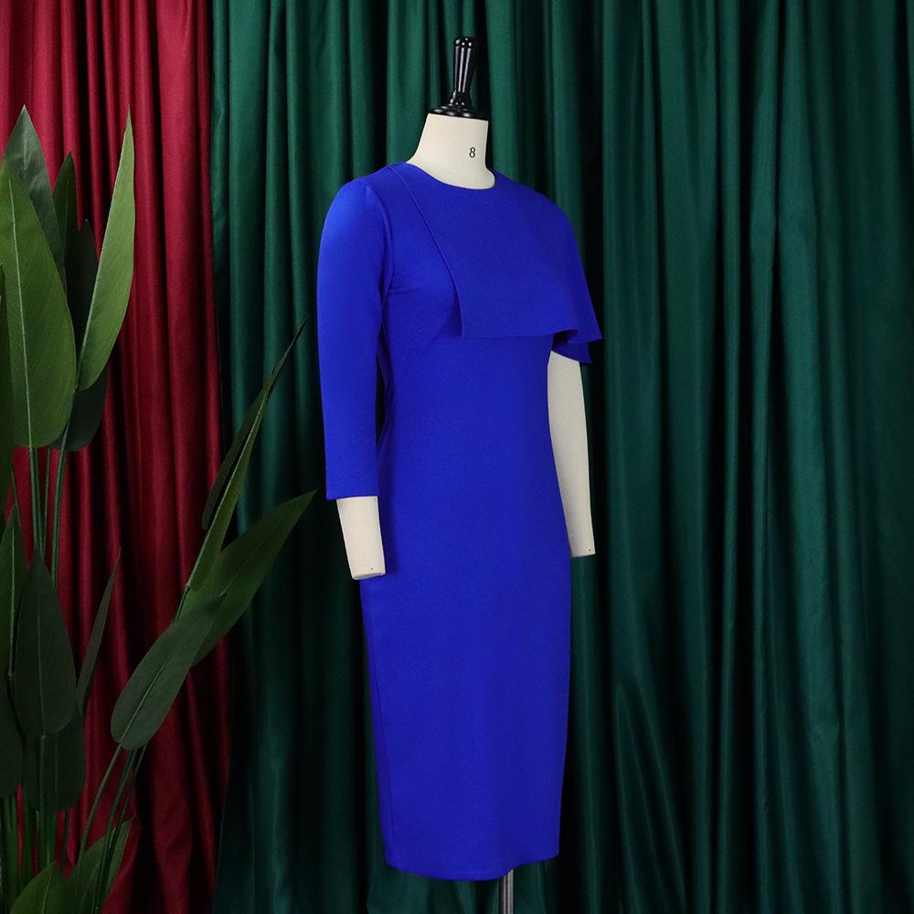 Büyük Boy Kadın İlkbahar Sonbahar Moda Ruffled İnce Elbise Bayanlar Zarif Tek Parça Katı Orta Kollu Kılıf Elbise