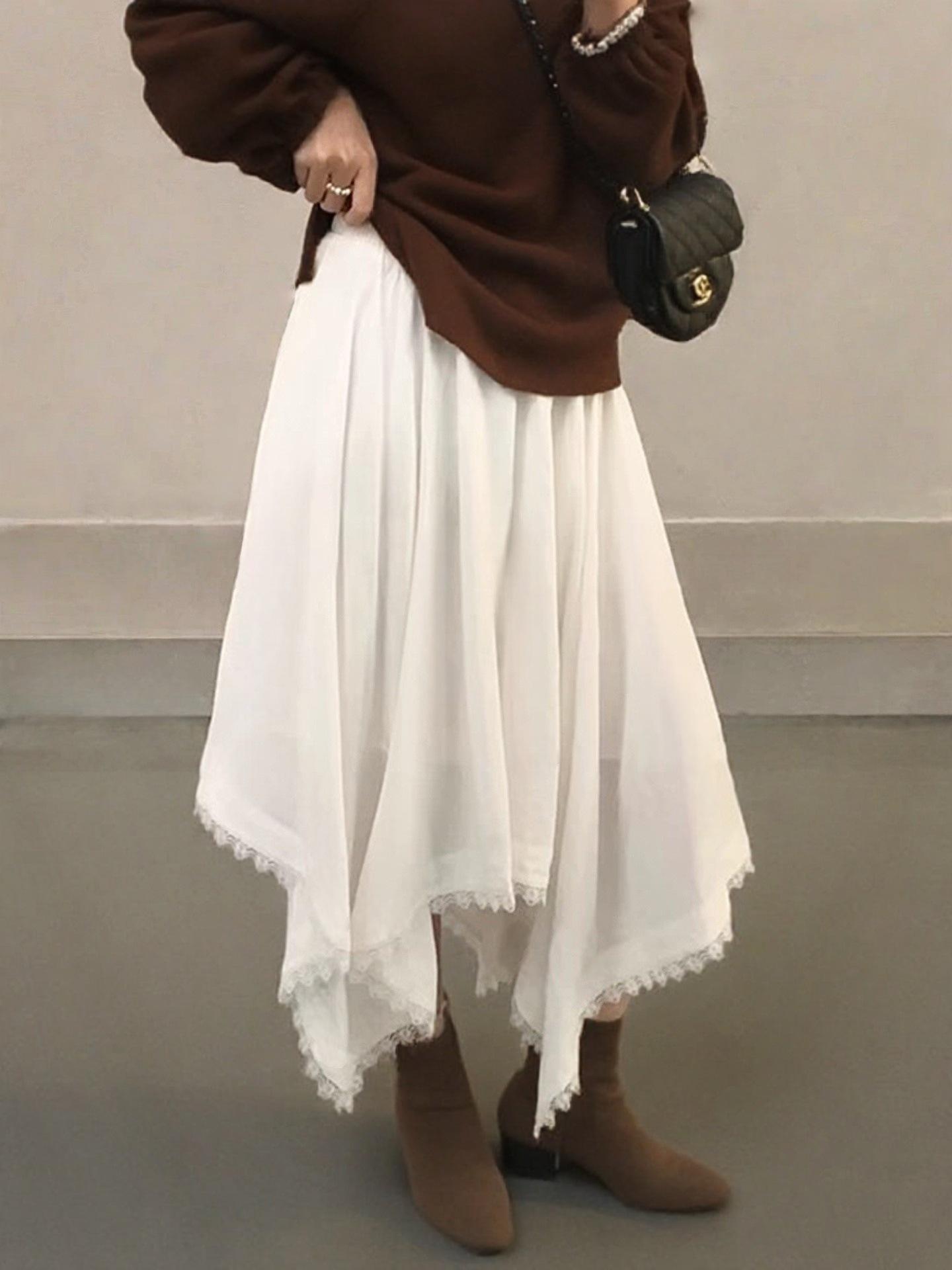 Spring 2026 Women s Retro High Waist A-Line Lace Hem Skirt One Size белый