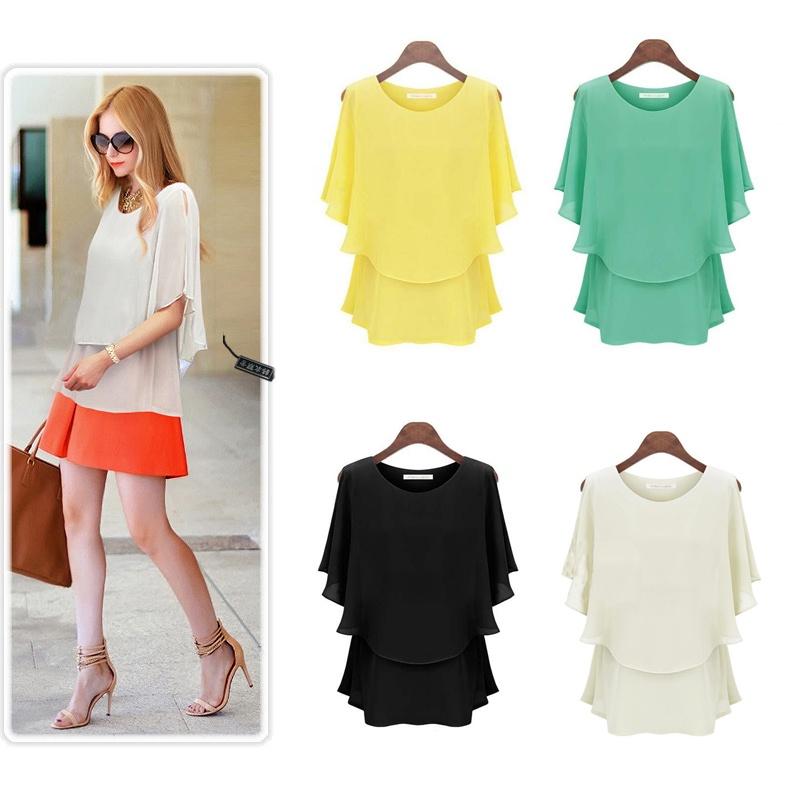 New Arrival Latest Women Chiffon Summer Plus Size Lotus Sleeve Double Shirt Sundress Elegant Casual Wear