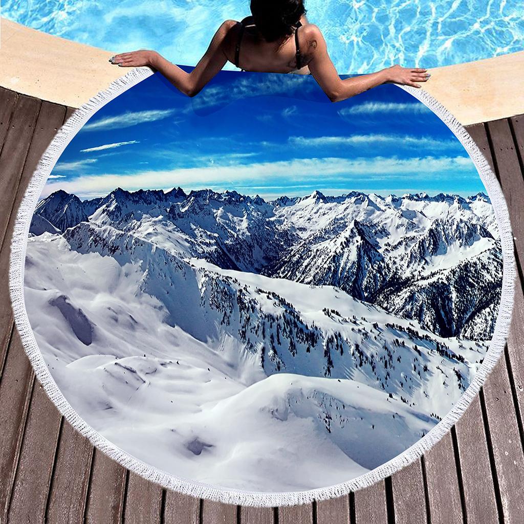 Snow Mountain Round Beach Towel Microfiber Nature Scenery Beach Blanket Absorbent Quick Dry Sand Free Bath Towel Picnic Yoga Mat