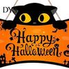 Holiday Home Wall Decorations Halloween Wooden Door Hanging Plaque, Printed Black Cat Pumpkin Castle Spider Web Front Autumn Festival Ornaments Sign,