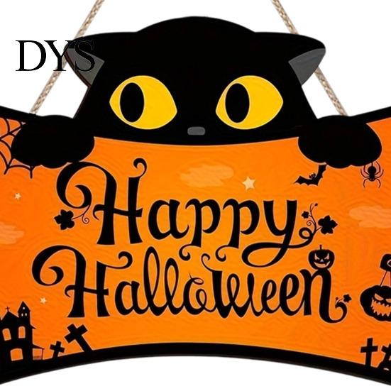 Holiday Home Wall Decorations Halloween Wooden Door Hanging Plaque, Printed Black Cat Pumpkin Castle Spider Web Front Autumn Festival Ornaments Sign,