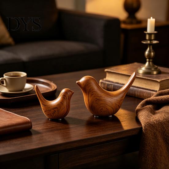 Minimalist Interior Design Pieces Bird Figurines with Wood Grain Look, Modern Home Decor Animal Sculptures, Ceramic Birds Abstract Ornaments