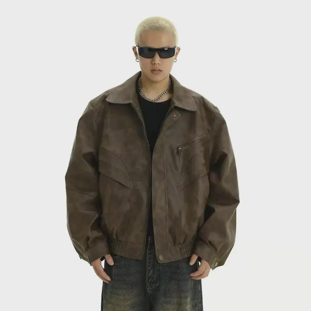 Pánská trendy americká retro hnědá kožená bunda s klopami - Stylový a pohledný design pro páry