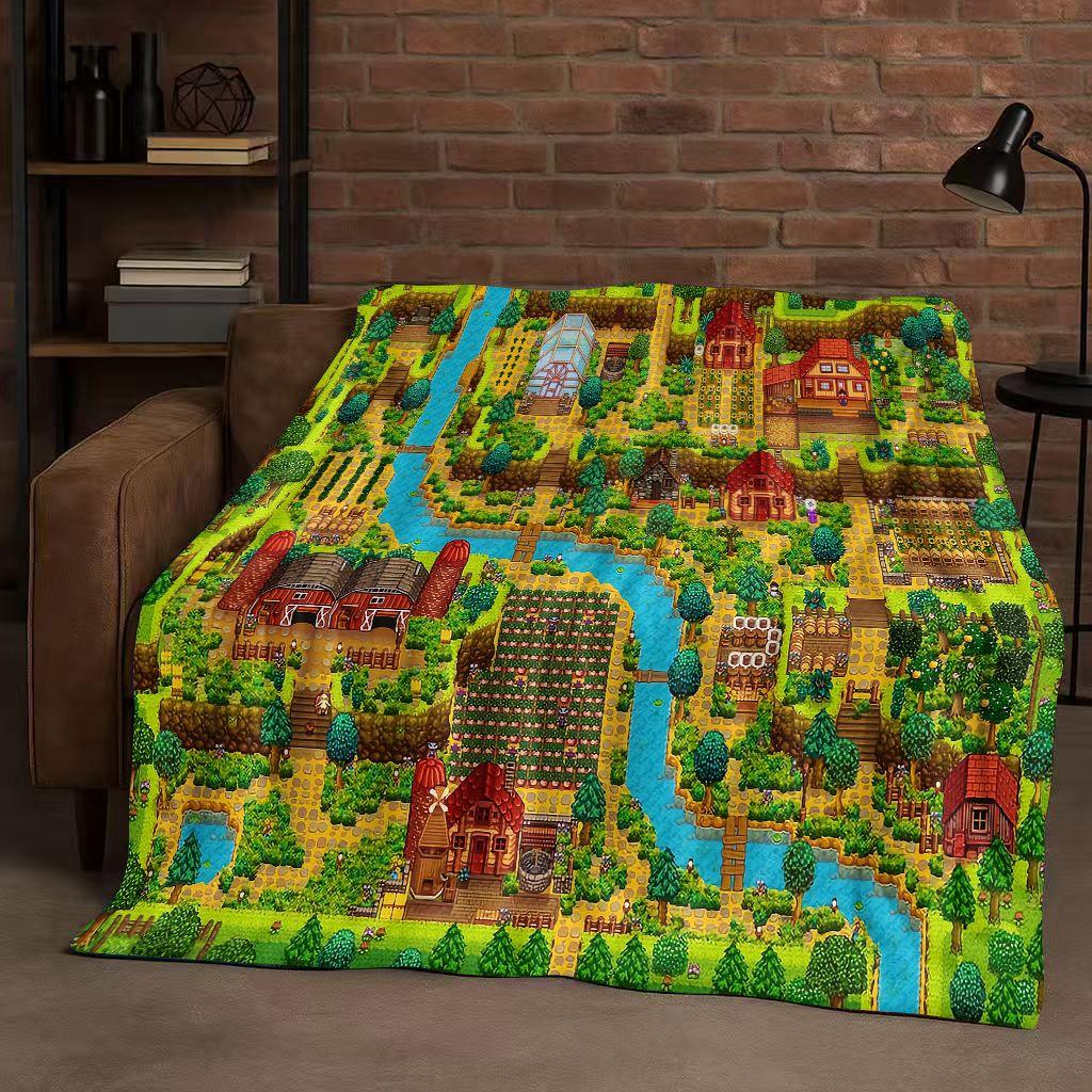 3D Retro Stardew Valley Farm Map Pixel Game Flannel Blanket,Ultra Soft Warm Plush Throw for Home Bedroom Bed Sofa Cover Kid Gift