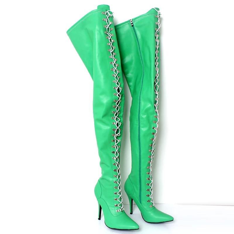 Overknee-Stiefel JIALUOWEI 12CM High Heel Fetisch Schnürung Reißverschluss Schritt Flex Matt PU Oberschenkelhohe Stiefel