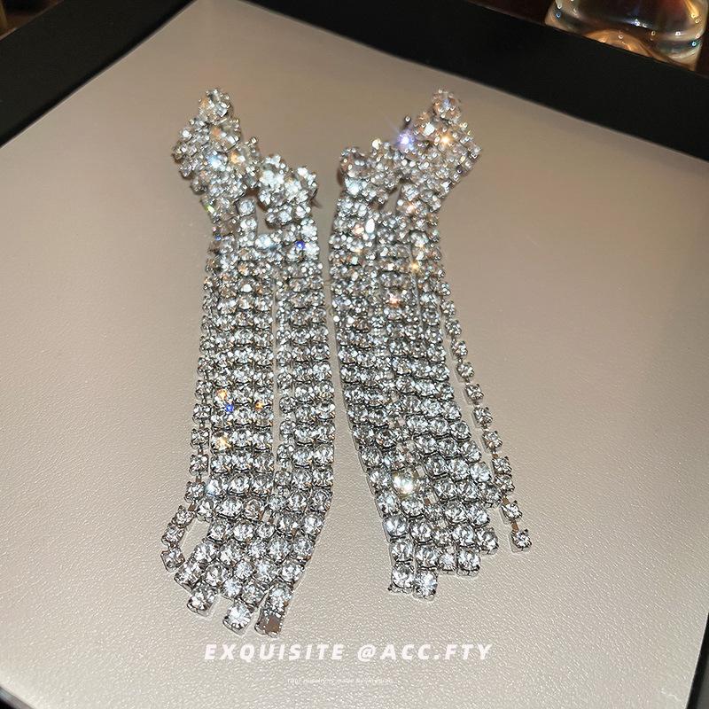 Exaggerated Diamond Tassel Silver Earrings - European & American Luxury High-End Fashion for Women