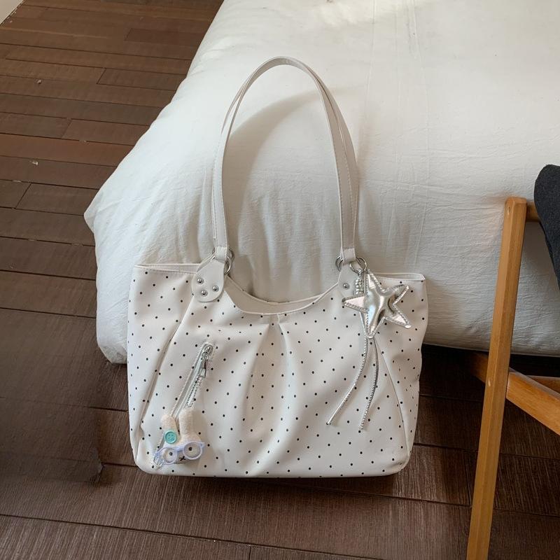 

2026 New Vintage Polka Dot Preppy Style Tote Bag for Women Fashion Versatile Large Capacity Shoulder Bag 37x9x27cm білий
