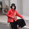 Ethnic style winter new warm jacket retro buckle loose printing short stand-up collar Chinese down jacket