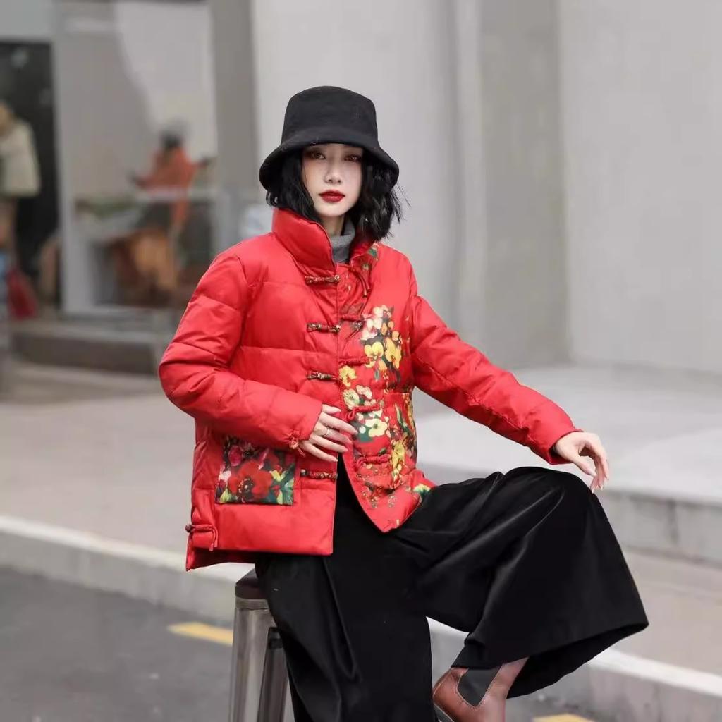 Ethnic style winter new warm jacket retro buckle loose printing short stand-up collar Chinese down jacket