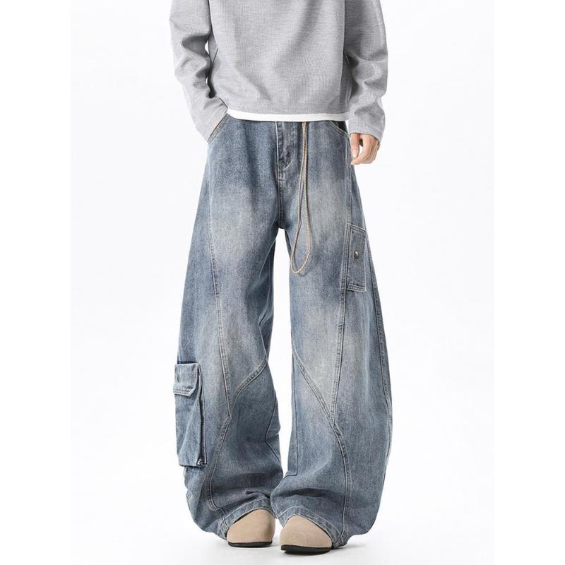 American Men's Casual Pockets Cargo Baggy Jeans High Street Fashion Denim Pantalones Hombre Spliced Straight Wide Leg Jean