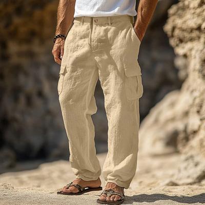 Men's Casual Straight Trousers Solid Color Streetwear Pants Loose Fit Beach Style Pants with Multiple Pockets for Fitness Travel Daily Wear