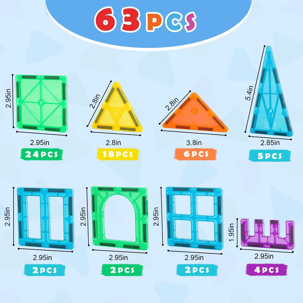 Gemmicc 63PCS Magnetic Tiles Building Blocks for Kids STEM Approved Educational Toys Magnetic Puzzle Building Blocks for Boys Girls