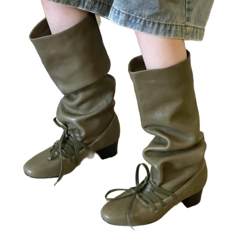 Retro Shoes, New Niche Skinny Boots, Thick-soled Boots with Thick Heels, Pointed Lace-up Boots